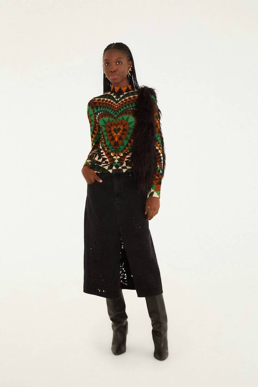 NEW FARM RIO heart deco ruched waist jersey blouse in multi